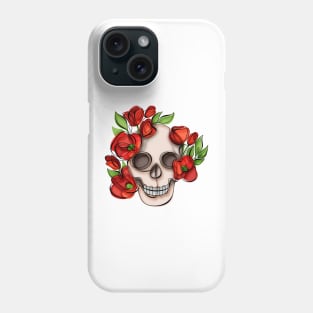 Minimalistic Continuous Line Skull with Poppies Phone Case