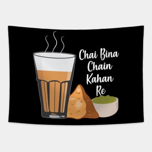 Chai Bina Chain Kahan Hindi Quote Tea Glass Samosa Chutney Tapestry