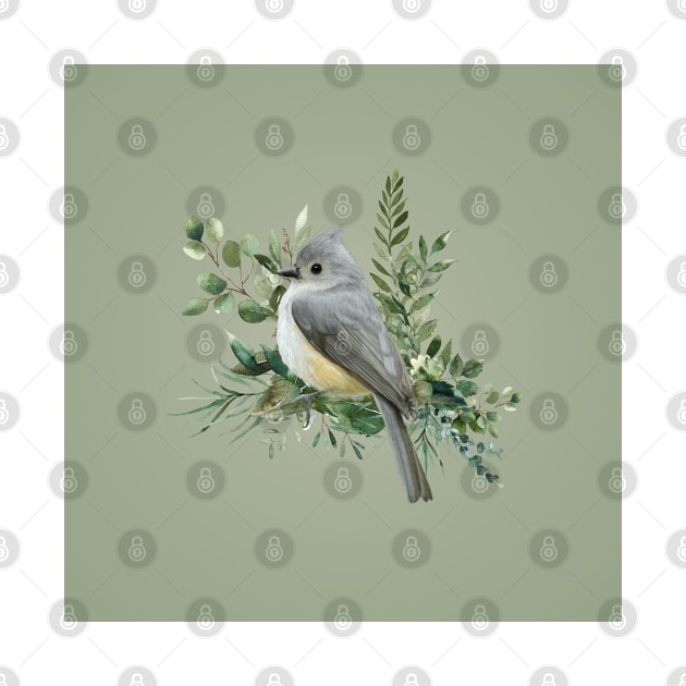 Grey Bird on Branch olive green background by Fiasco Designs