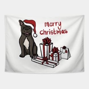 Merry Christmas French Bulldog Santa Hat And Gifts Digital Illustration Tapestry