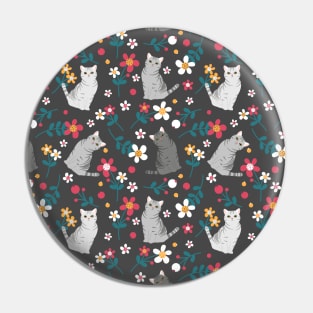 Elegant American Shorthair Cat and Flowers - Black Pin