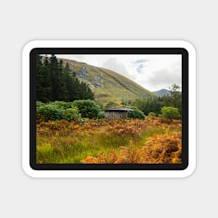 Old wooden hut in Glen Etive, Glen Coe region in Scottish Highlands Magnet