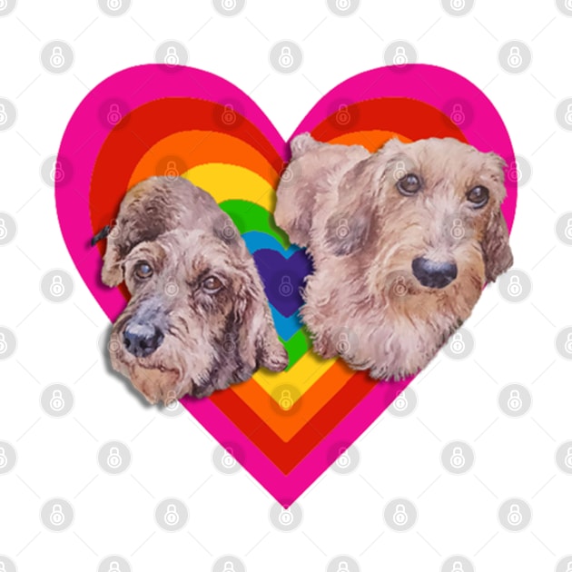 Super cute wirehaired dachshunds on a vibrant heart by StudioFluffle