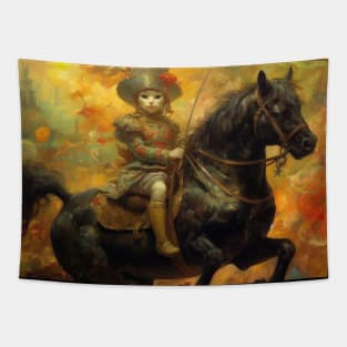 Cat Riding A Black Stallion Fine Art Painting Tapestry