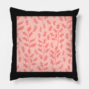 Light scarlet holly leaves on light pink seamless repeat pattern Pillow