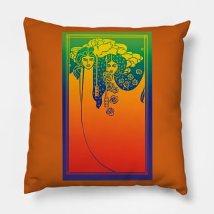 Art Nouveau Ladies (orange on blue/green) Pillow