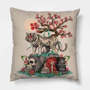 white tiger on top of a skull behind it a beautiful sakura tree and a black tomb Pillow