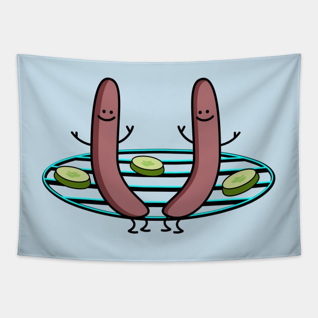 Funny sausages on the grill Tapestry by spontania