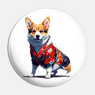 Charming Corgi in Red Yukata Pin