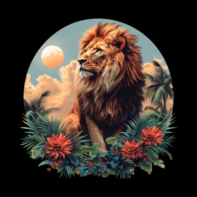 A Proud Lion Relaxes in the Evening Red Flowers In The Jungle The King of the Jungle Lion by Tees 4 Thee