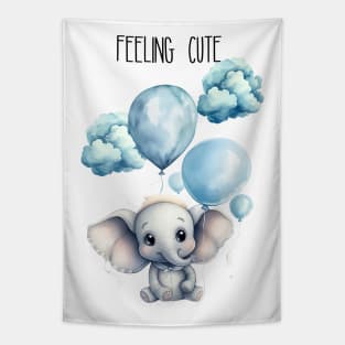 Feeling Cute Blue Elephant with Balloons Watercolor Art Tapestry