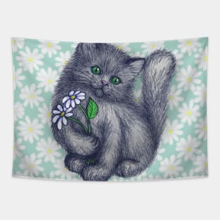 Cute Kitten with Daisies Tapestry