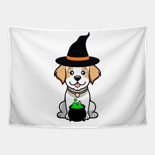 Funny Happy Dog is wearing a witch costume Tapestry