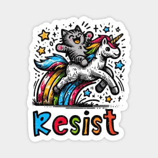 Resist Cat Riding Unicorn Rainbow Protest Art Magnet
