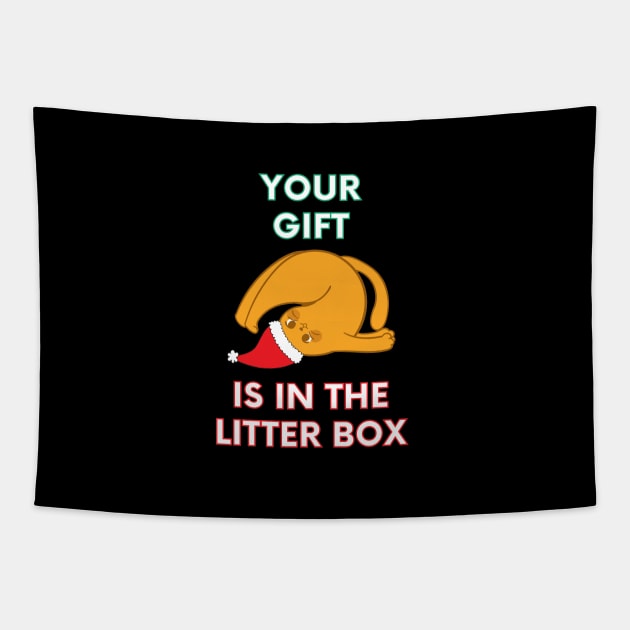 Your Gift is in the Litter Box - Funny Christmas Cat (Dark) Tapestry by applebubble