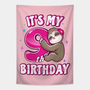 ''It's My 9th Birthday'' Cute Girl Sloth Pink Tapestry