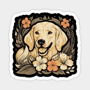 A Golden Retriever surrounded with Lilies, illustration Magnet