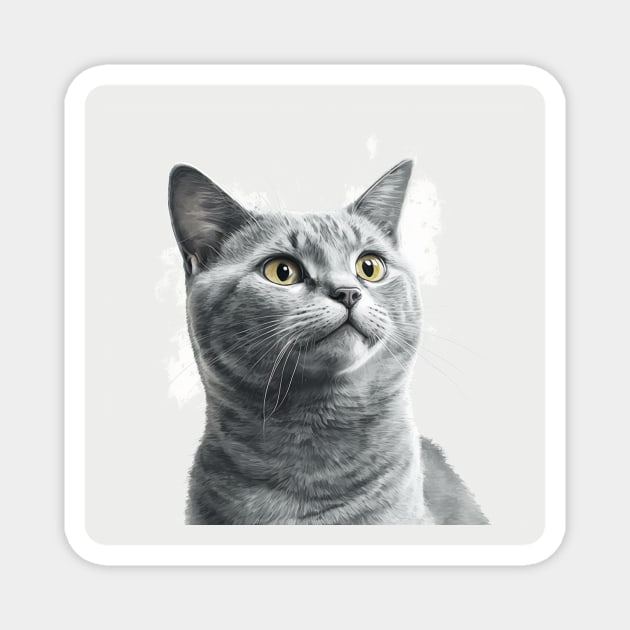 Illustration of grey haired concentrated cat looking to the side Magnet by KOTYA