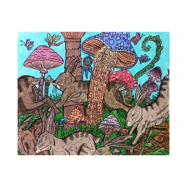 Rabbits Running Through Mushroom Forest by ARTWORKandBEYOND