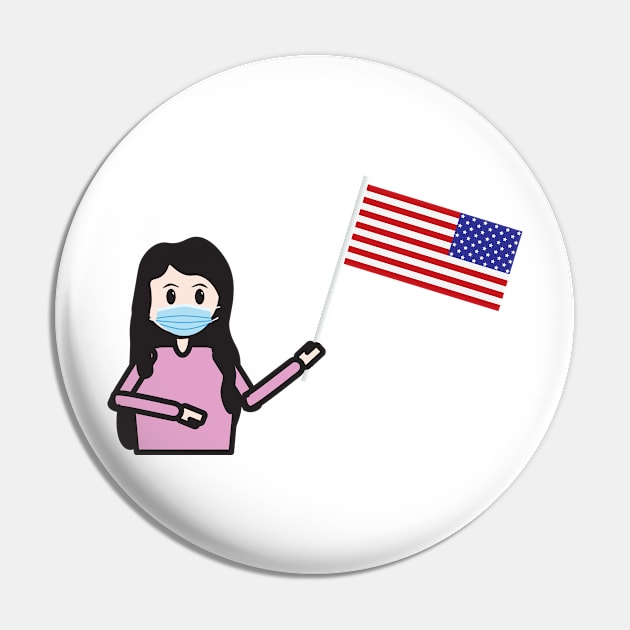 Girl with face mask holding the USA flag Pin by sigdesign