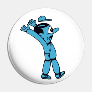 Blueman  a cartoon man's baseball cap blows off his head in shock Pin