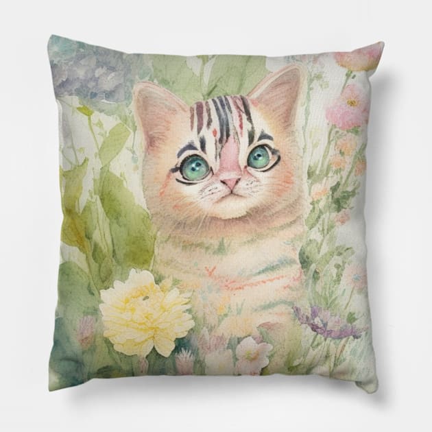 Striped Cat in the Flower Garden Soft Pastel Colors Pillow by Stades