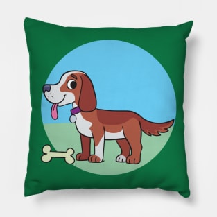 colorful dog with a bone in front on a wide grassy meadow Pillow