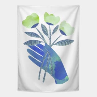 Blue hand with green flowers for you Tapestry