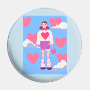 ilustración de chica con corazones y nubes Pin