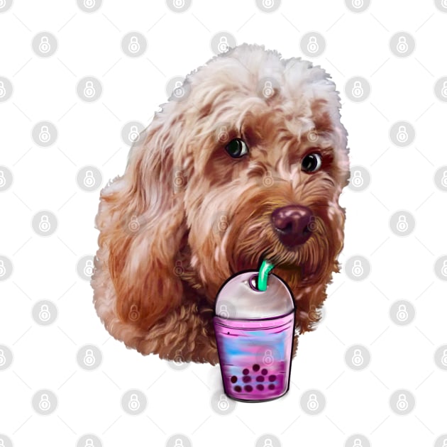 Cavapoo Cavoodle puppy dog sipping Bubble tea  - funny cute cavalier king charles spaniel poodle, puppy love by Artonmytee