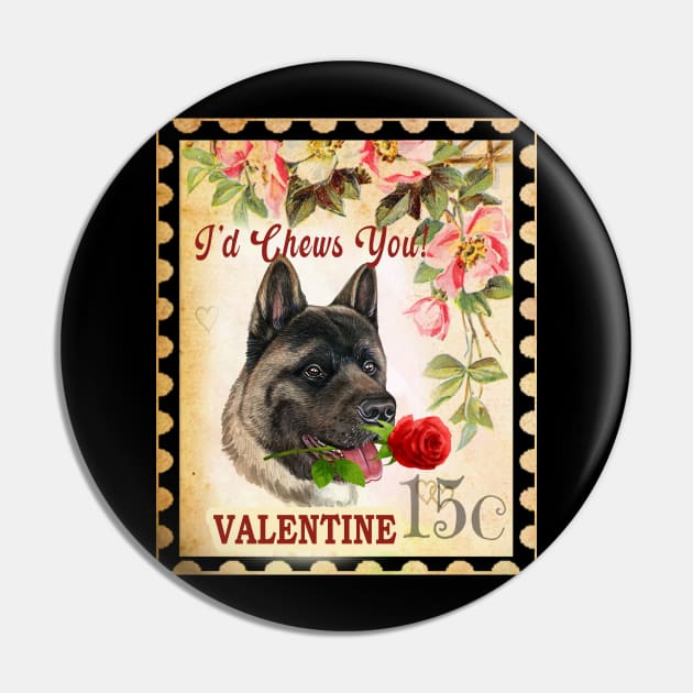 American akita Vintage Valentine Funny Dog With Rose Pin by Sniffist Gang