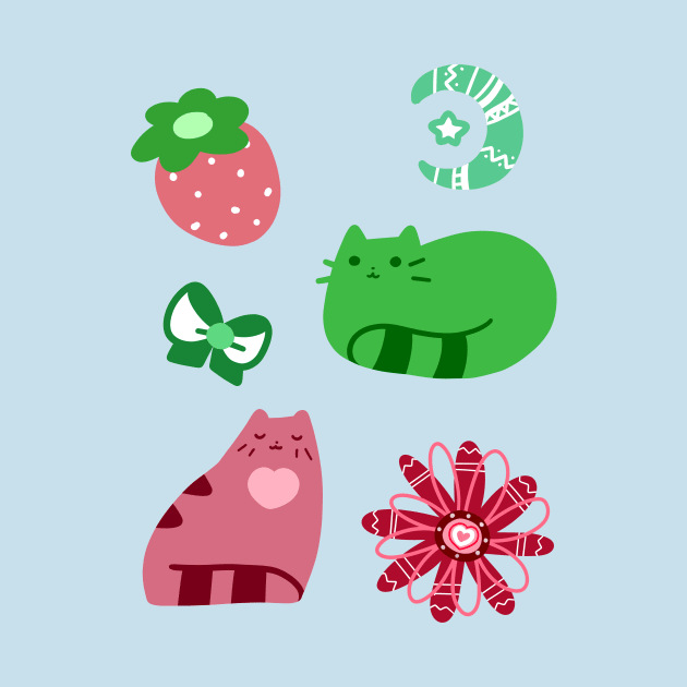 Green and Pink Strawberry Cats by saradaboru