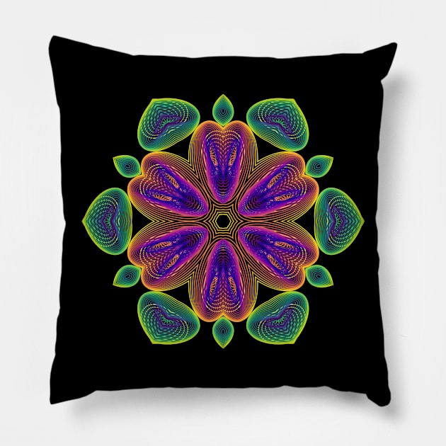 Lotus Kaleidoscope | Harmonograph Green Yellow Purple Black Pillow by aRtVerse