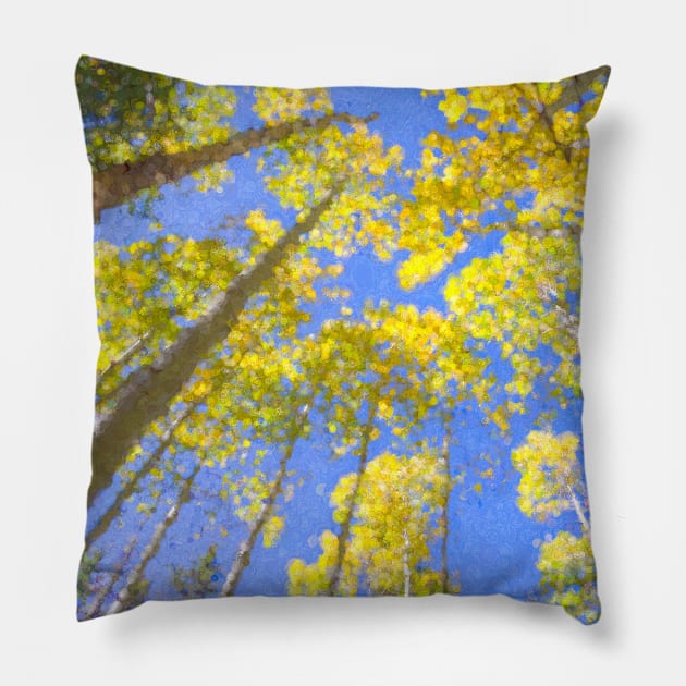 All the Way to the Sky - bright yellow fall leaves against a blue sky (impressionist style) Pillow by AtlasMirabilis