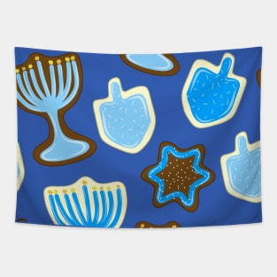 Blue Frosted Hanukkah Dreidel, Stars, Menorah Cookies, made by EndlessEmporium Tapestry