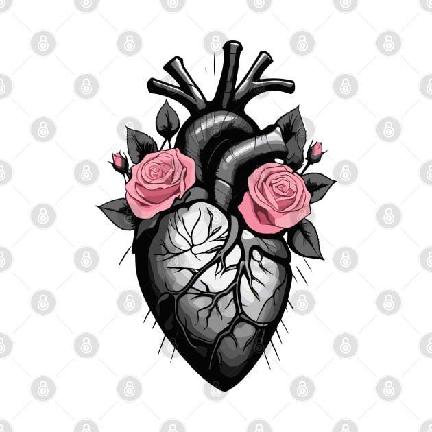 Black and white human heart with roses by craftydesigns