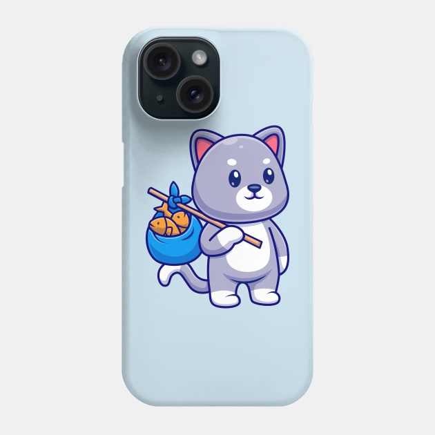 Cute Cat Bring Fish With Bag Cartoon Phone Case by Catalyst Labs