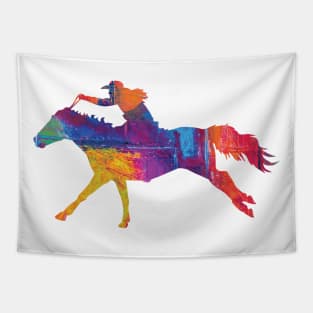 Cowgirl Riding a Running Horse with Rainbow Background Tapestry