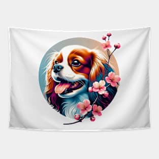 Joyful English Toy Spaniel with Spring Cherry Blossoms Tapestry