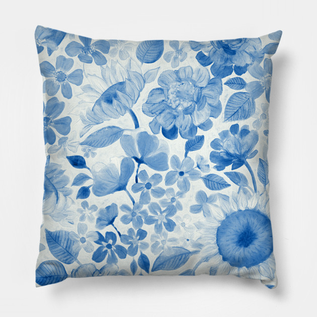 Denim Blue Monochrome Retro Floral Floral Pillow Teepublic