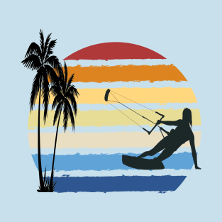 Kitesurfing Girl sailing into a retro Kitesurf sunset T-Shirt