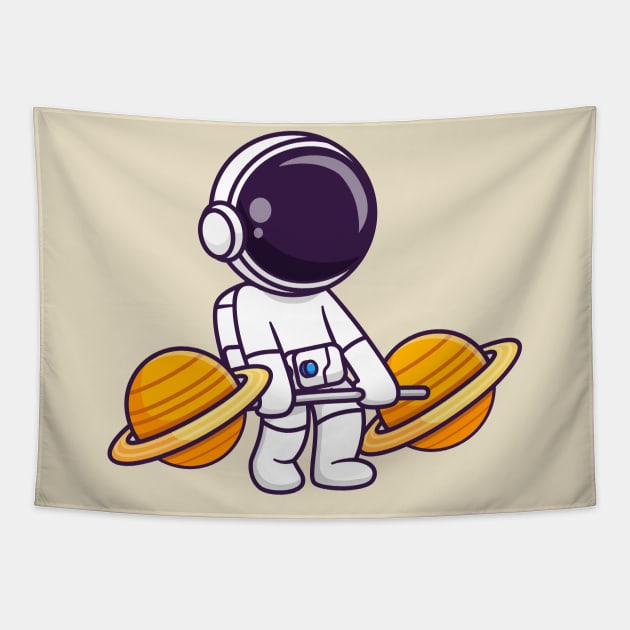 Cute Astronaut Lifting Planet Barbell Cartoon Tapestry by Catalyst Labs