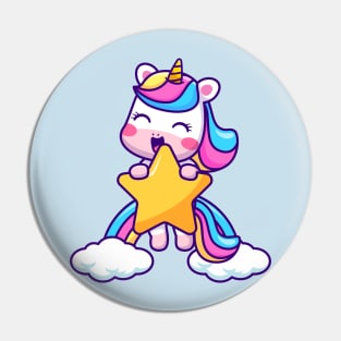 Cute Unicorn Flying With Star And Rainbow Cloud Cartoon Pin