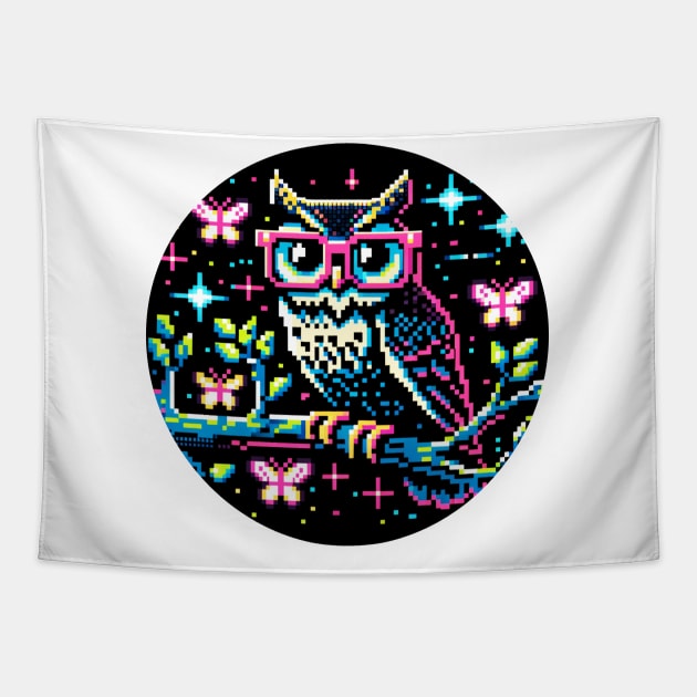 Cyberpunk Owl Art - Neon Nightscape Pixel Illustration Tapestry by Pixel Punkster