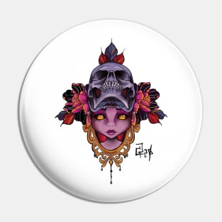 Girl face skull peonies Pin