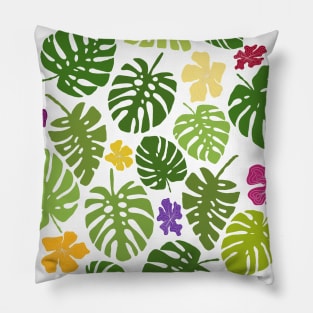 Monstera leaves and tropical flowers in green, yellow, purple, and pink Pillow