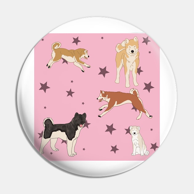 Pink Akitas and Stars Pin by TrapperWeasel