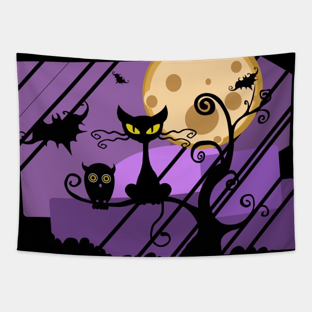 SPOOKY CAT HALLOWEEN NIGHT Tapestry by ReignGFX