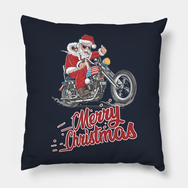 Cool Santa on a motorcycle - Happy Christmas and a happy new year! - Available in stickers, clothing, etc Pillow by Crazy Collective