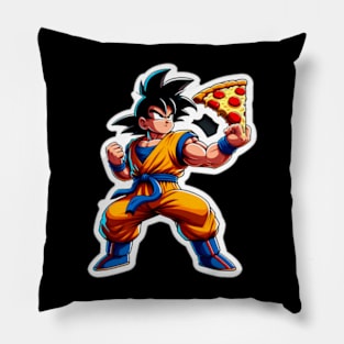 Goku striking a heroic pose with a pizza Pillow